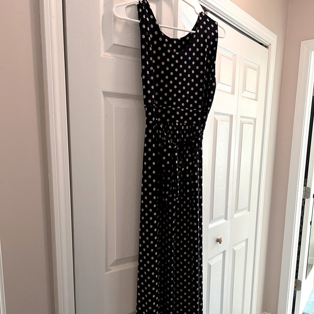 Blue & tan polka dot maternity dress